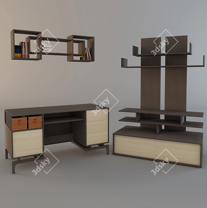 Kokeshi Kids Study Desk & TV Shelf 3D model image 1