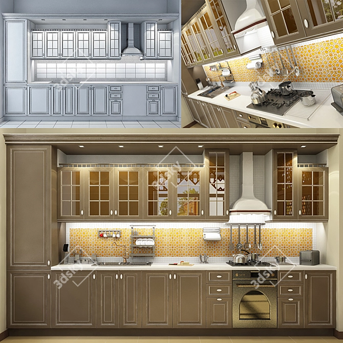 Modern Kitchen Set with Backsplash and Illumination 3D model image 1