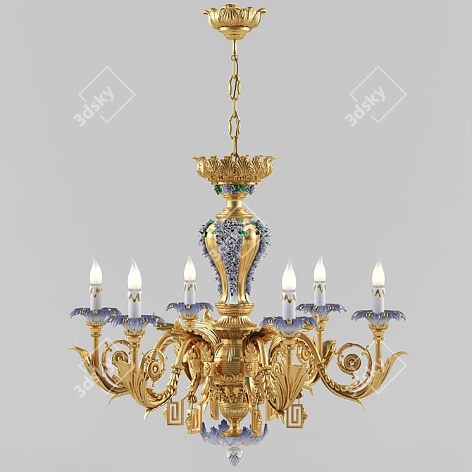 Elegant Golden Brass & Porcelain Chandelier 3D model image 1