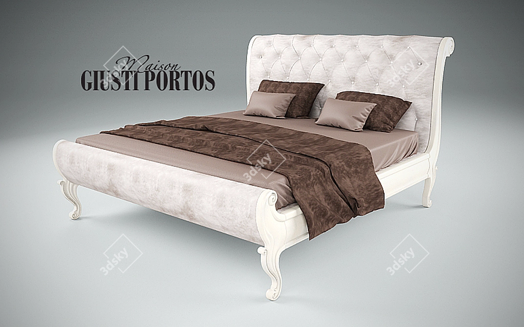 Luxury Silver-Trimmed Wooden Bed 3D model image 1