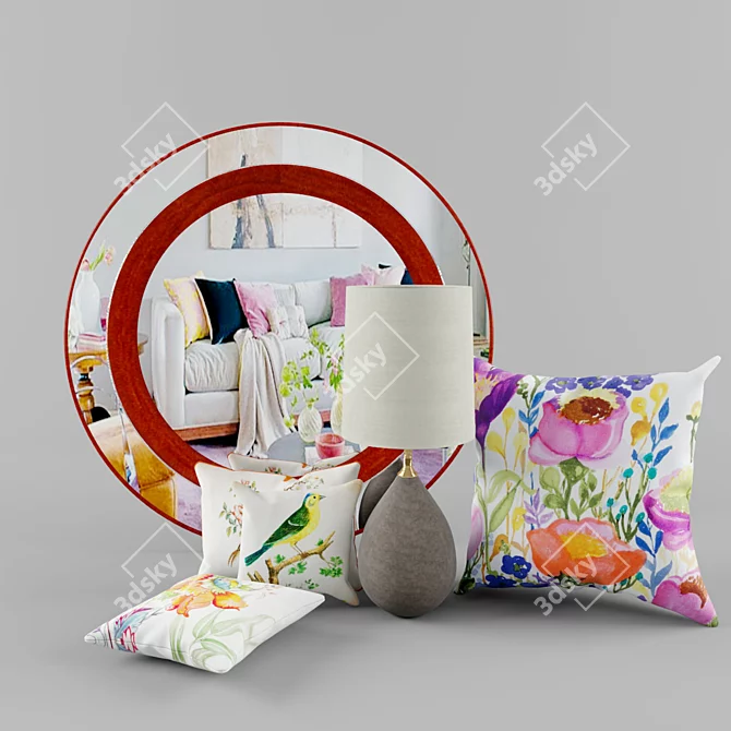Elegant Table Set with Lamp, Mirror, and Cushions 3D model image 1