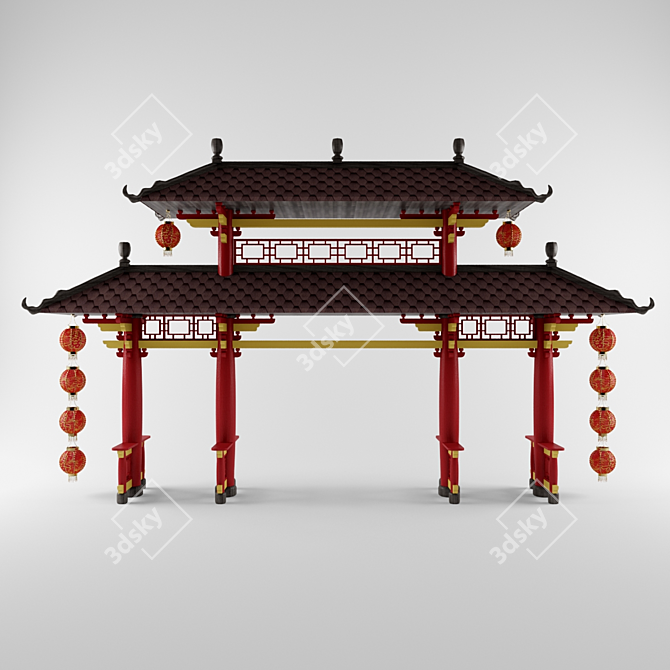 Elegant Chinese Style Gate (6400x10710x2000mm) 3D model image 2