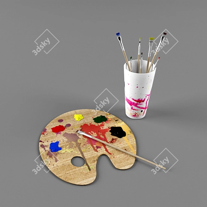 Artistic Brush & Palette Set 3D model image 1