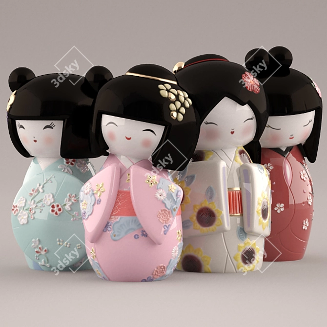 Traditional Japanese Kokeshi Doll: Handcrafted Lladro Collection 3D model image 2