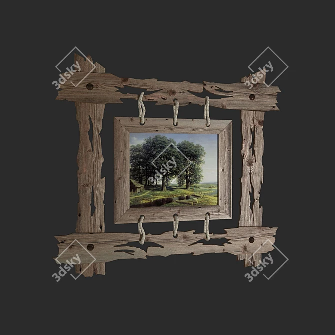 Antique Double Wooden Framed Painting 3D model image 1