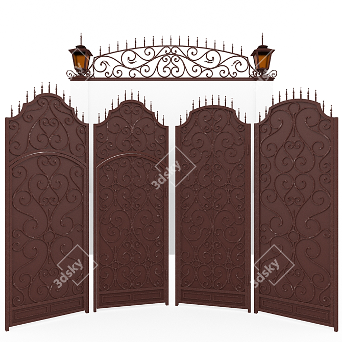 Elegant Wrought Iron Gate with Ornate Top and Lantern 3D model image 1