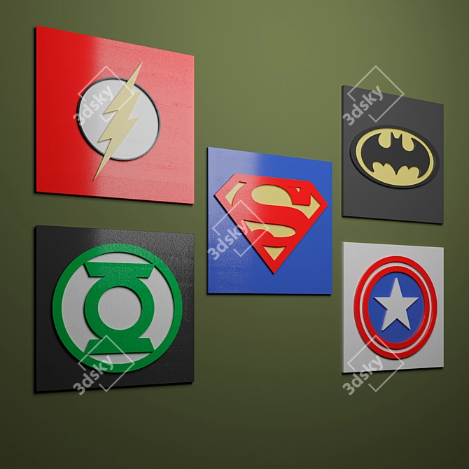 Superhero Signs: Batman, Superman, Captain America, Green Lantern, Flash 3D model image 1