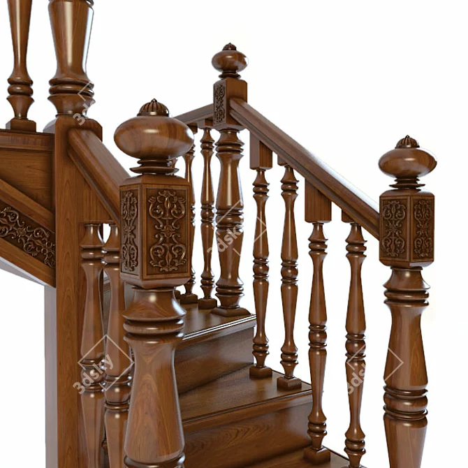 Russian Style Wooden Staircase 3D model image 2