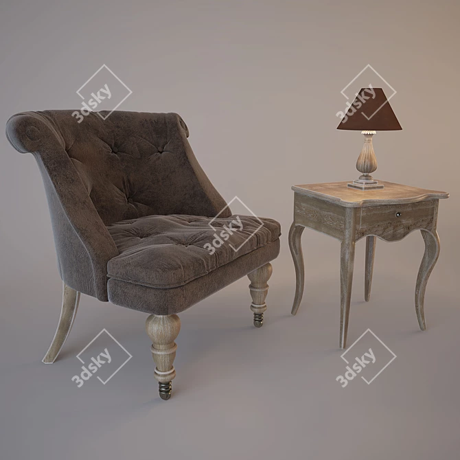 Elegant Velvet Armchair with Artichoke Side Table 3D model image 1