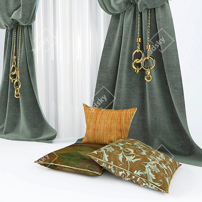 Elegant Curtain Set with Cushions 3D model image 2