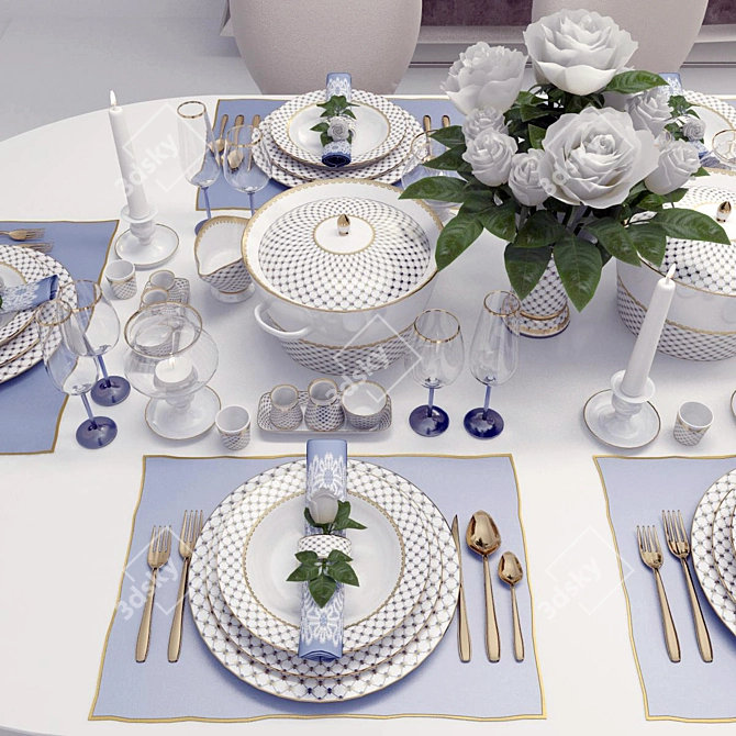 Elegant Rose-themed Table Setting 3D model image 1