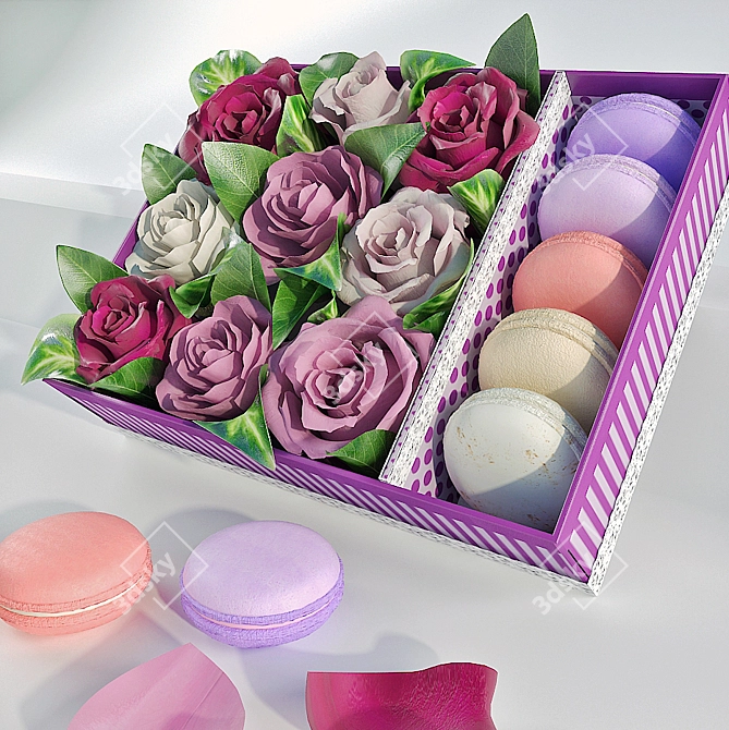 Title: Floral Decadence: Box of Roses & Macarons 3D model image 1
