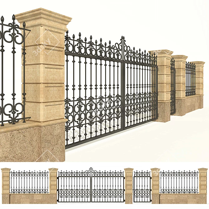 Elegant Stone Fence: 2.3m Height 3D model image 1