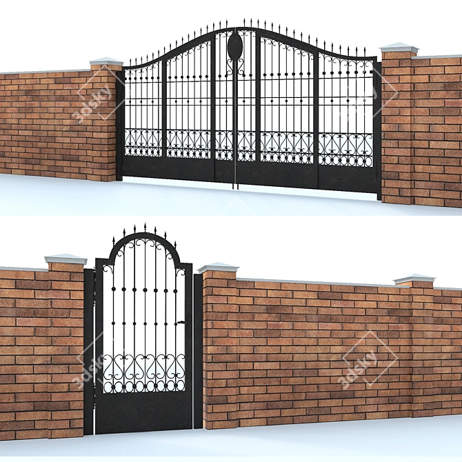 Rustic Brick Fence with Wrought Iron Gates 3D model image 1