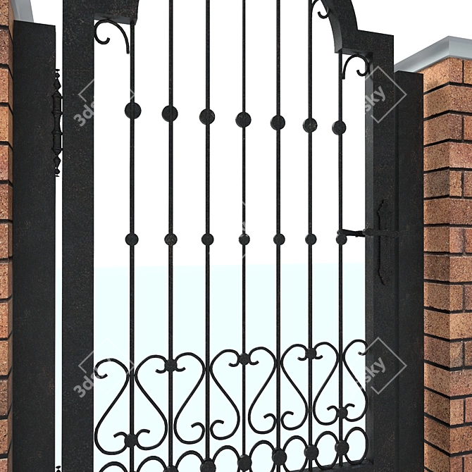 Rustic Brick Fence with Wrought Iron Gates 3D model image 2