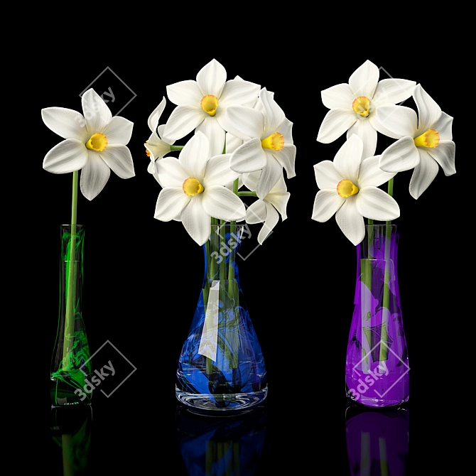 Elegant Glass Vases with White Daffodils 3D model image 1