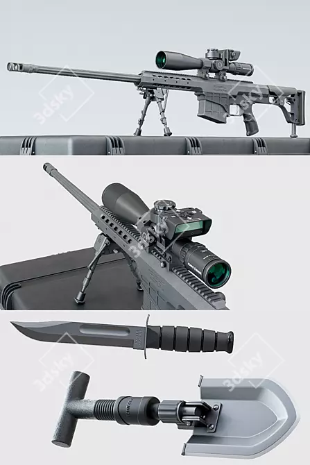 Precision Sniper Set: Barrett Bravo, Ka-Bar Knife, Schrade Shovel 3D model image 2