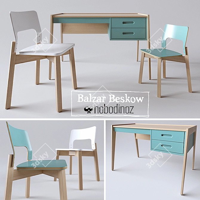 Tropical Green Desk & Stylish Chairs 3D model image 1
