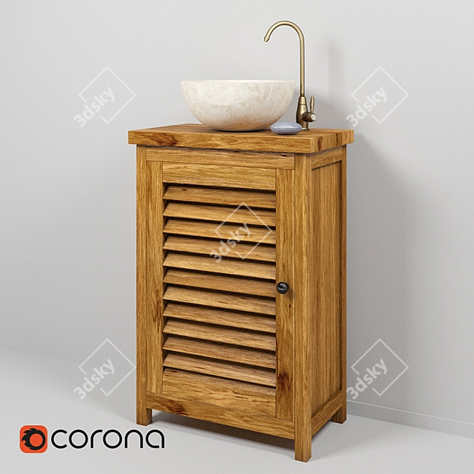 Teak House Sink Set: Lombok 50 Cabinet, Mangkok White Basin & Lemark LM4840B Faucet 3D model image 1