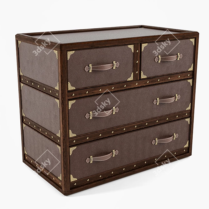 Handcrafted Oak Chest of Drawers with Leather-wrapped Front Panels 3D model image 1