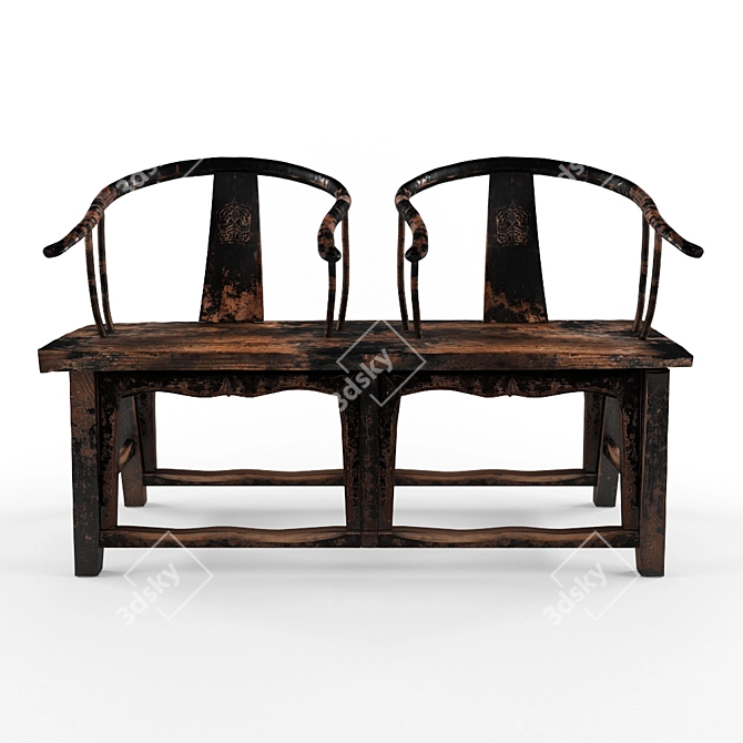 Title: Antique Rustic Elm Wood Bench 3D model image 2