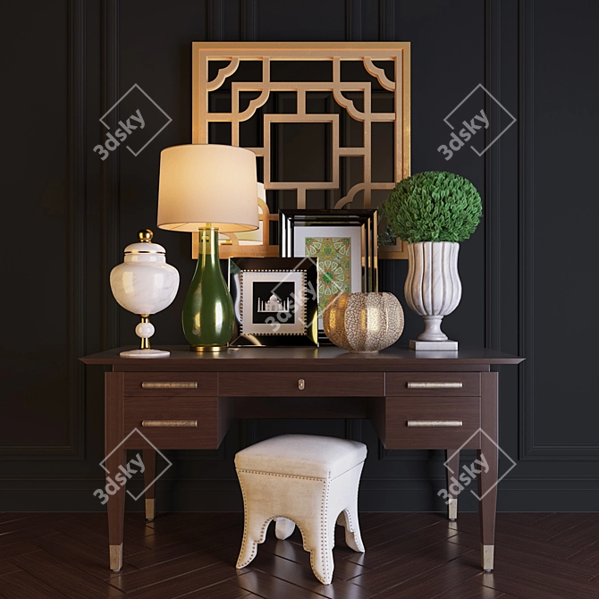 Luxury Interior Set: Table, Mirror, Pouf & Lamp 3D model image 1