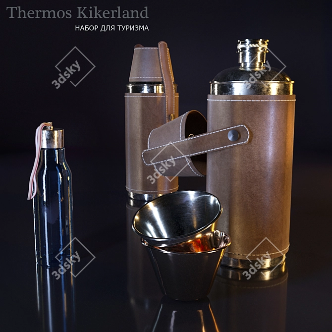 Kikkerland Camping Set: Thermos Flask with Leather Case & Shot Glasses 3D model image 1