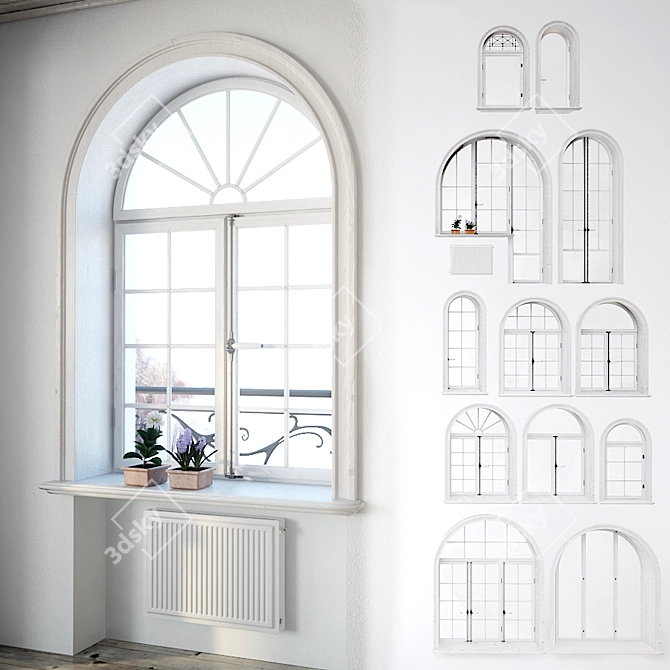 Classic Arch Windows with Decor Set 3D model image 1