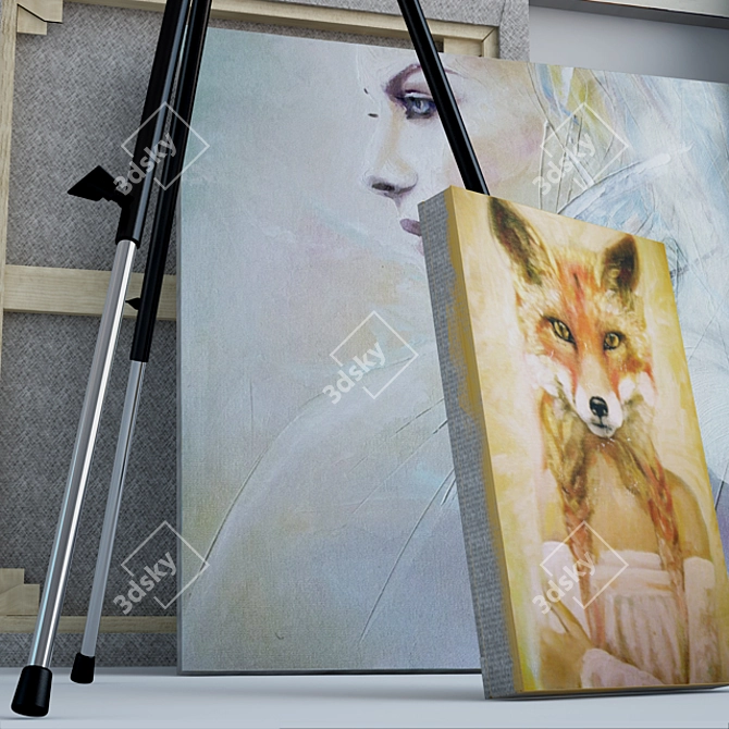 5 Beautiful Oil Paintings + Metal Easel 3D model image 2