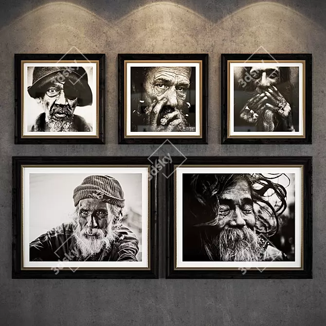 Elderly Portraits in Wooden Frame 3D model image 1