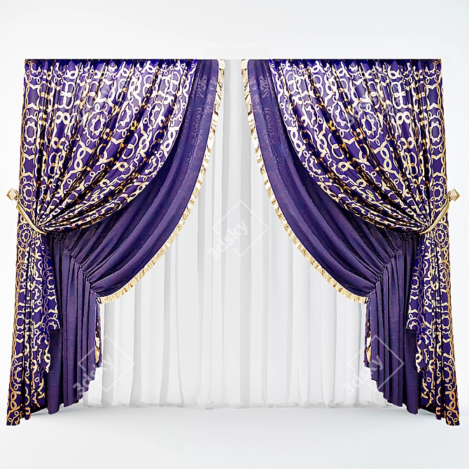 Elegant 2-Color Classic Curtains 3D model image 2