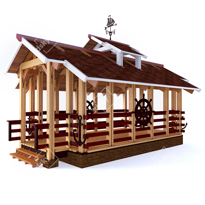 Cozy Wooden Gazebo with Weather Vane 3D model image 2