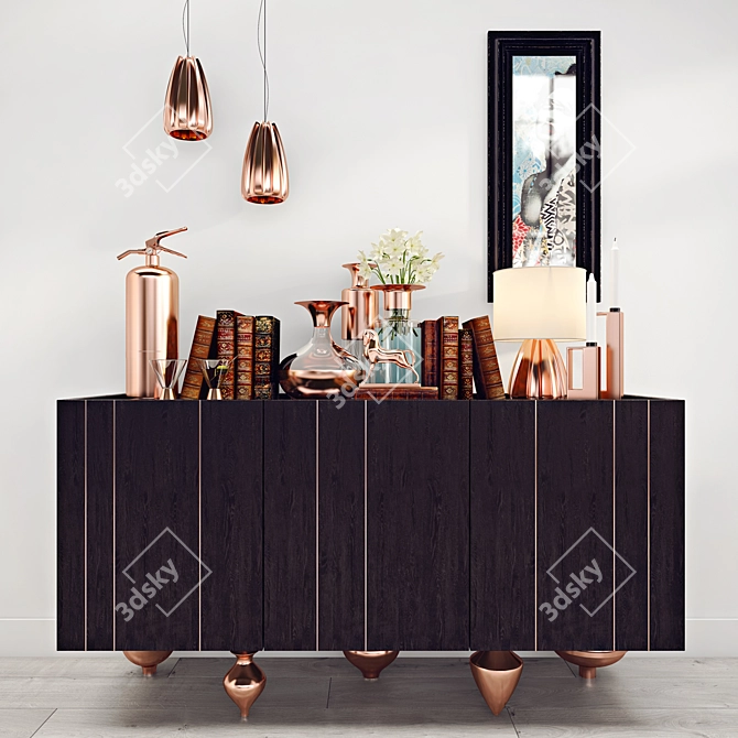 Title: Elegant Copper Credenza with Decor 3D model image 1