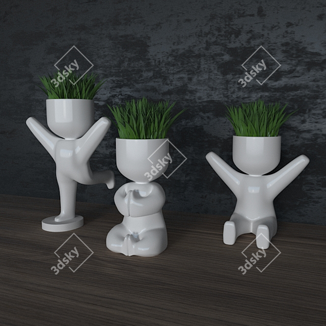 Grass-Filled Pots: Natural Interior Décor 3D model image 2