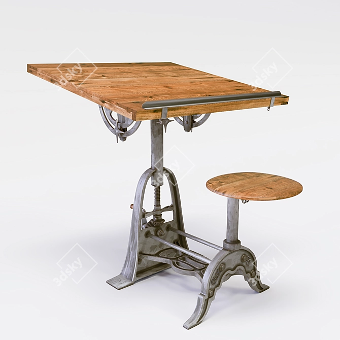 French Vintage Industrial Drafting Table 3D model image 1