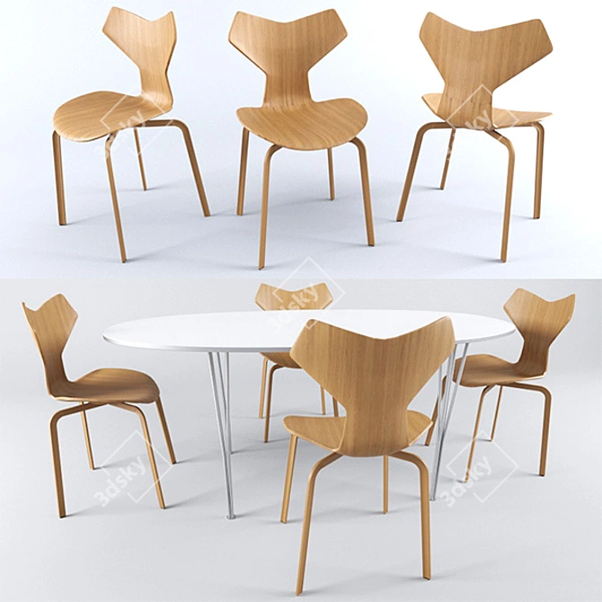 Fritz Hansen Grand Prix Chair & Super-Elliptical Table 3D model image 1
