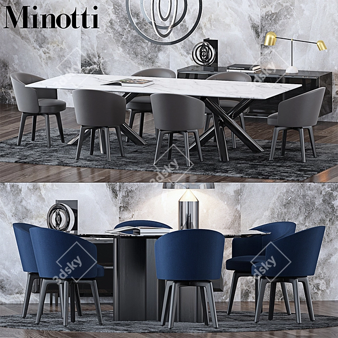 Elegant Minotti Furniture Set: Amelie Chair, Lou & Van Dyck Tables, Halo Chandelier, Demeter & Atollo L 3D model image 1