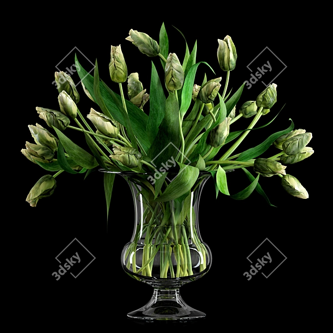 Realistic Green Parrot Tulips - Glass Vase & Water Decoration 3D model image 1