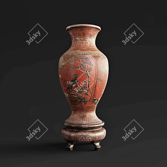 Elegant Red Lacquer Chinese Vases 3D model image 2