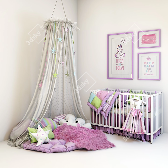 Nursery Set: Cot, Soft Zone, Canopy & Pictures 3D model image 1