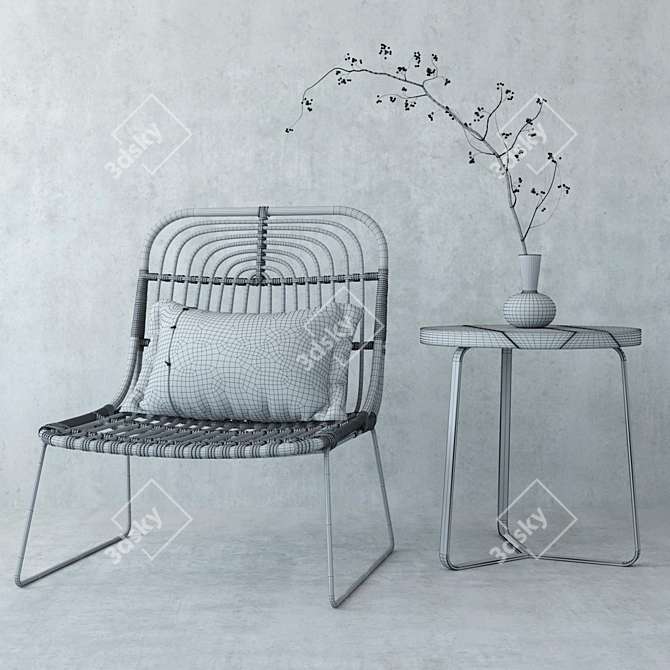 Elegant Rattan Chair & Stylish Outdoor Sidetable 3D model image 3