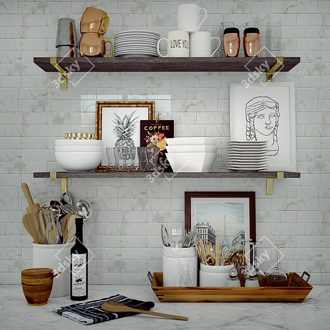 Kitchen Utensil Shelf with Crockery & Cutlery 3D model image 1