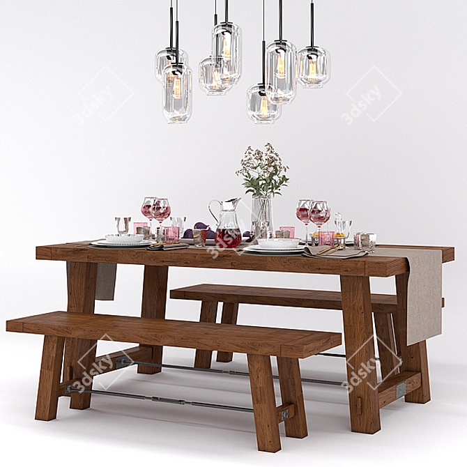Rustic Dining Set: Benchwright Table & Bench 3D model image 1