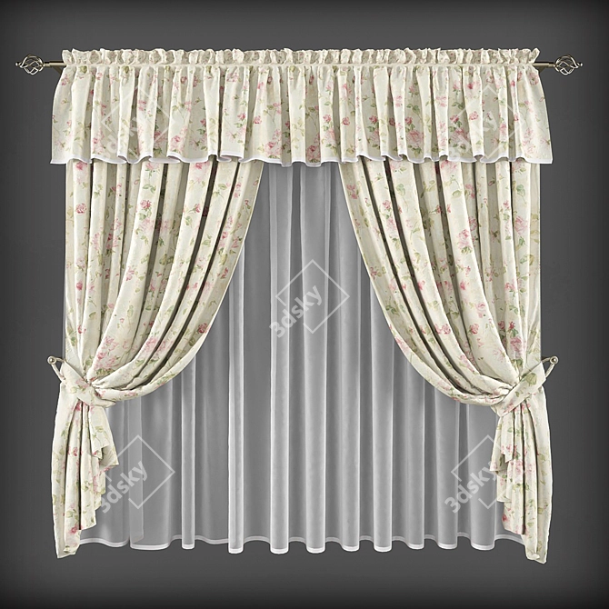 Kitchen Short Curtains with Lambrequin 3D model image 1