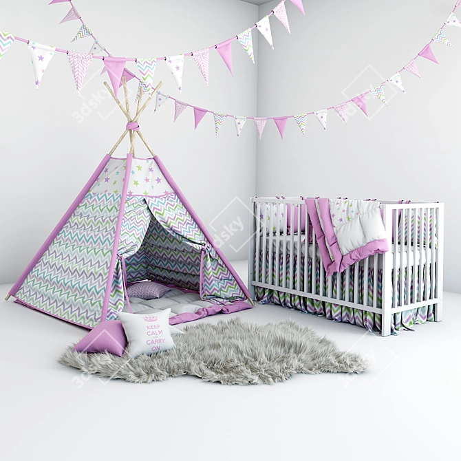 Cozy Nursery Set: Wigwam, Fur Coat, Cot 3D model image 1