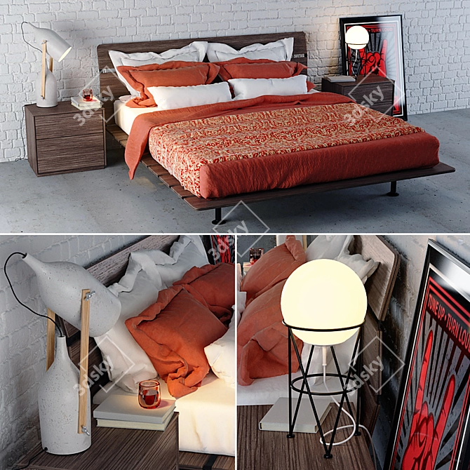 Sleek Tadao Double Bed Set 3D model image 1