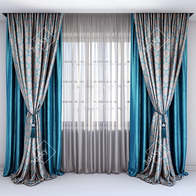 Turquoise Velvet Curtains with Brush 3D model image 1