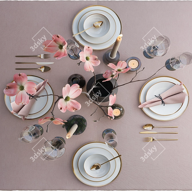 Elegant Pink Tableware Set 3D model image 2