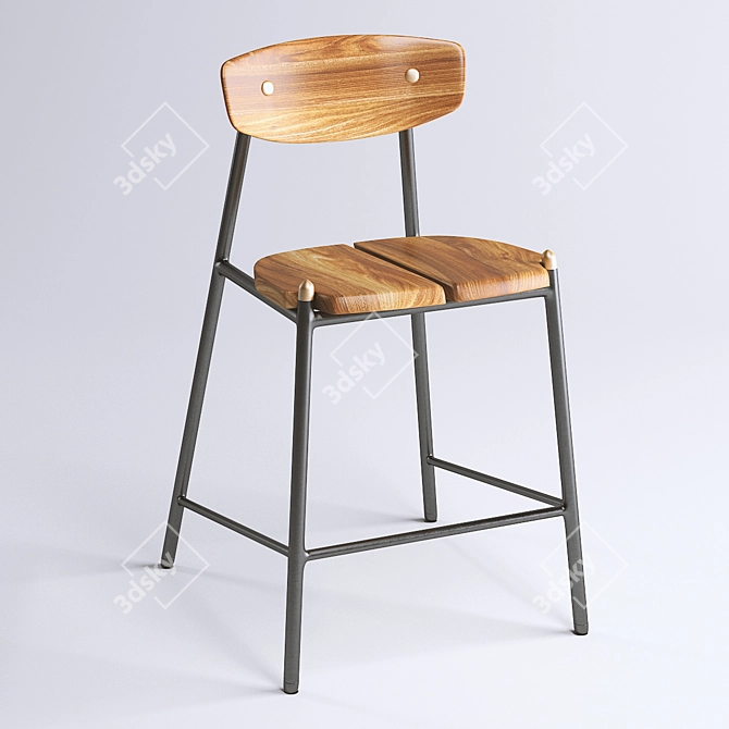 Curve-Back Oak Stool with Brass Accents 3D model image 1