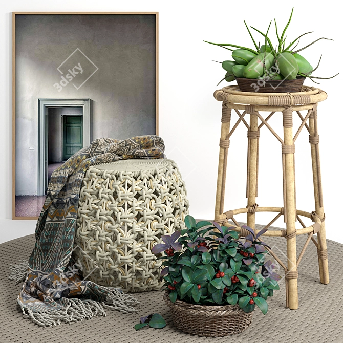 Cozy Ottoman Set: Puf, Blanket, Poster, Plant, Chair, Rug 3D model image 1